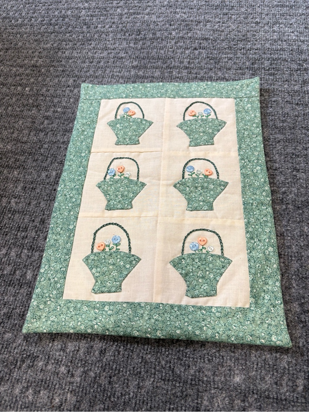 Handcrafted Green Floral Basket Appliqué Table Runner